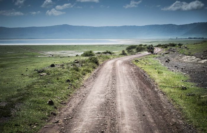 Rugged driving path with open fields and a blue sky on the Lake Manyara National Park Safari